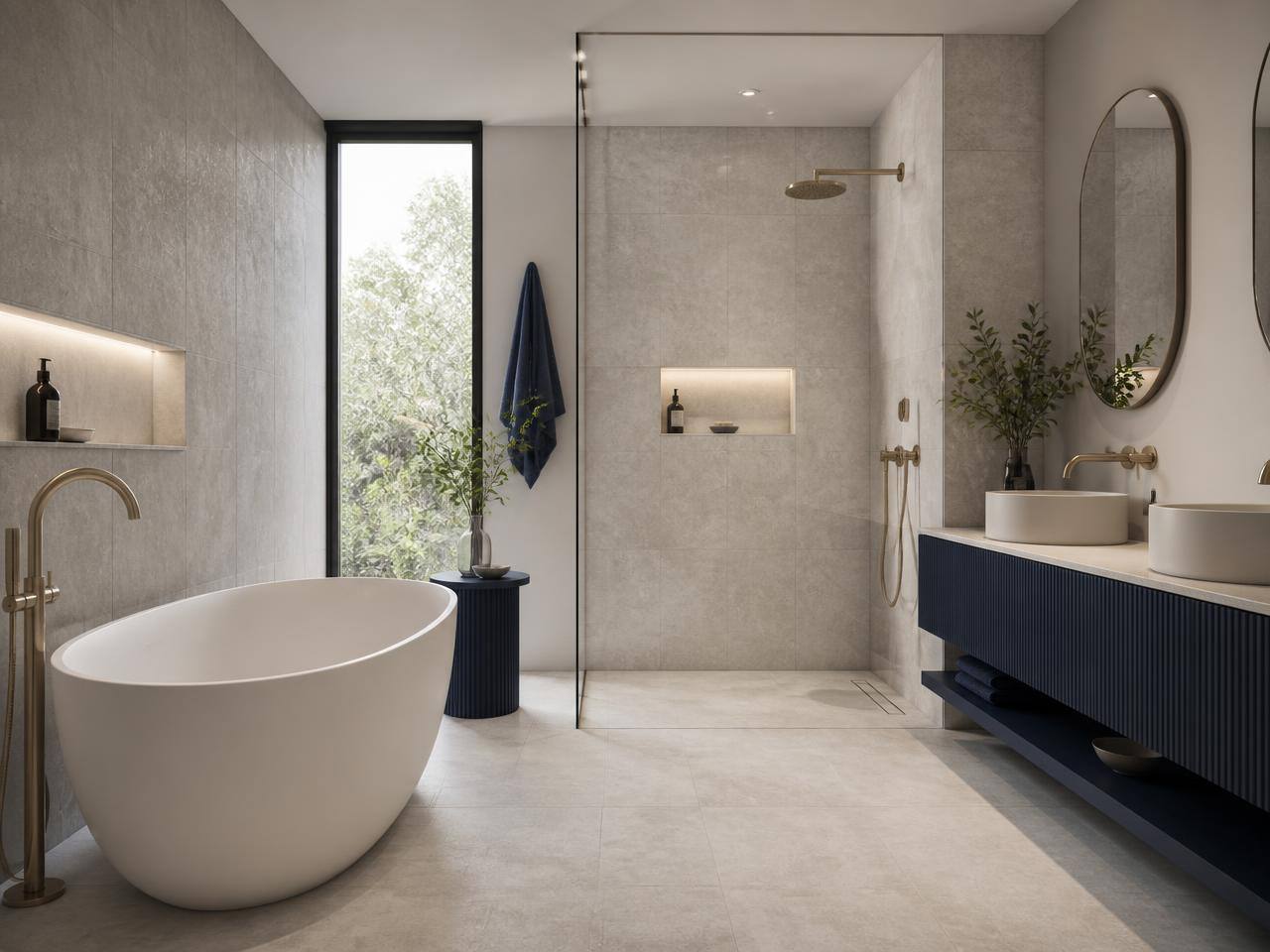 Contemporary bathroom with freestanding bath, walk-in shower and stone-effect tiling